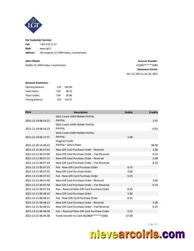 Liechtenstein LGT bank statement